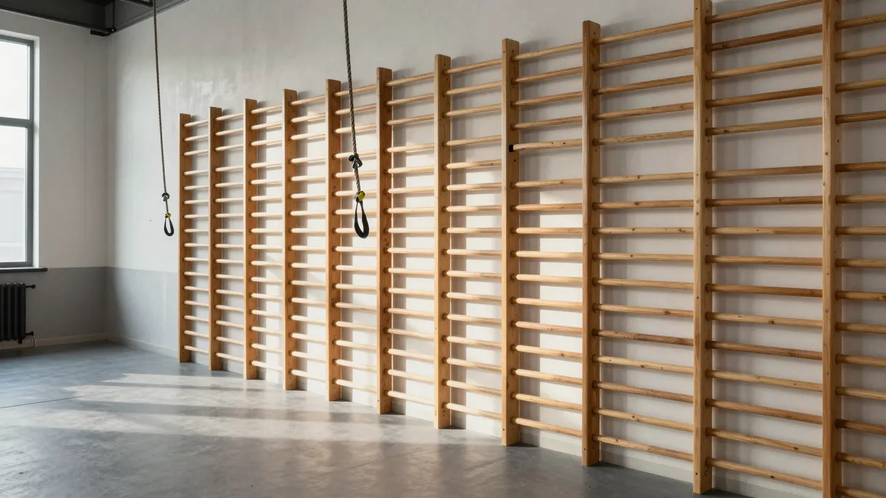 Unoccupied indoor sports hall lined with wooden wall bars and hanging climbing straps in soft afternoon sunlight