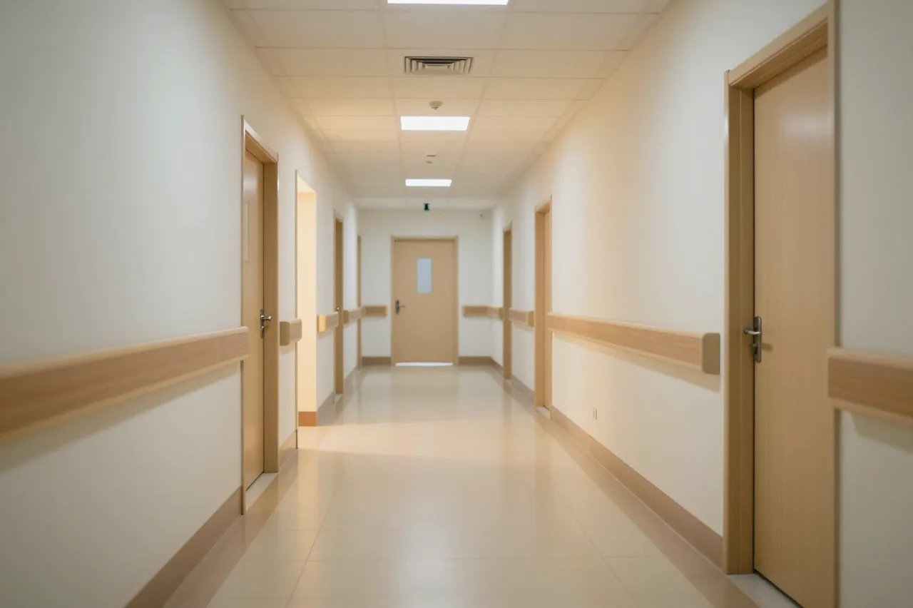 Empty well-lit hospital corridor with warm overhead lighting and wooden handrails