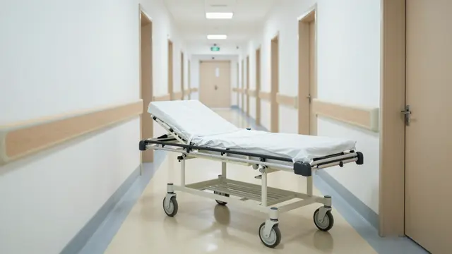 An empty wheeled medical stretcher sits in the center of a brightly lit polished hospital corridor.