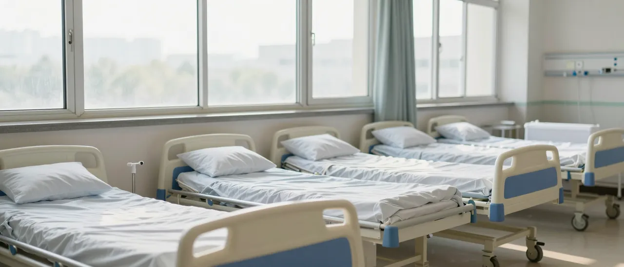 A row of neatly made empty hospital beds sits beside tall windows in soft morning sunlight.