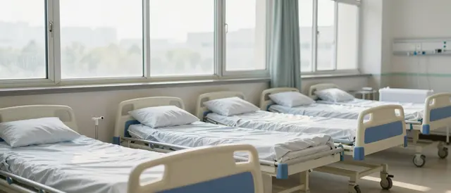 A row of neatly made empty hospital beds sits beside tall windows in soft morning sunlight.