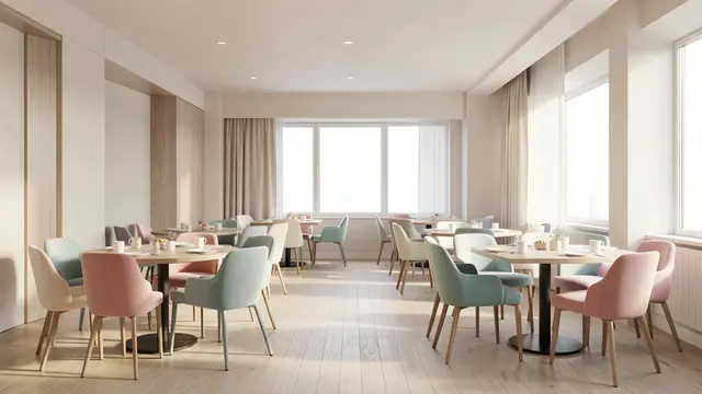 Sunlit empty hotel breakfast room lined with pastel upholstered dining chairs and set tables
