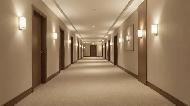 Long empty hotel corridor lined with wall lamps, wooden doors, and beige carpet
