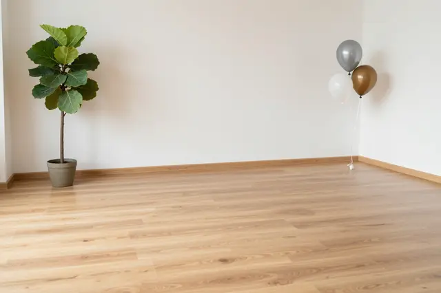 Unfurnished new living room with oak flooring, a potted fiddle leaf fig and metallic balloons in the corner
