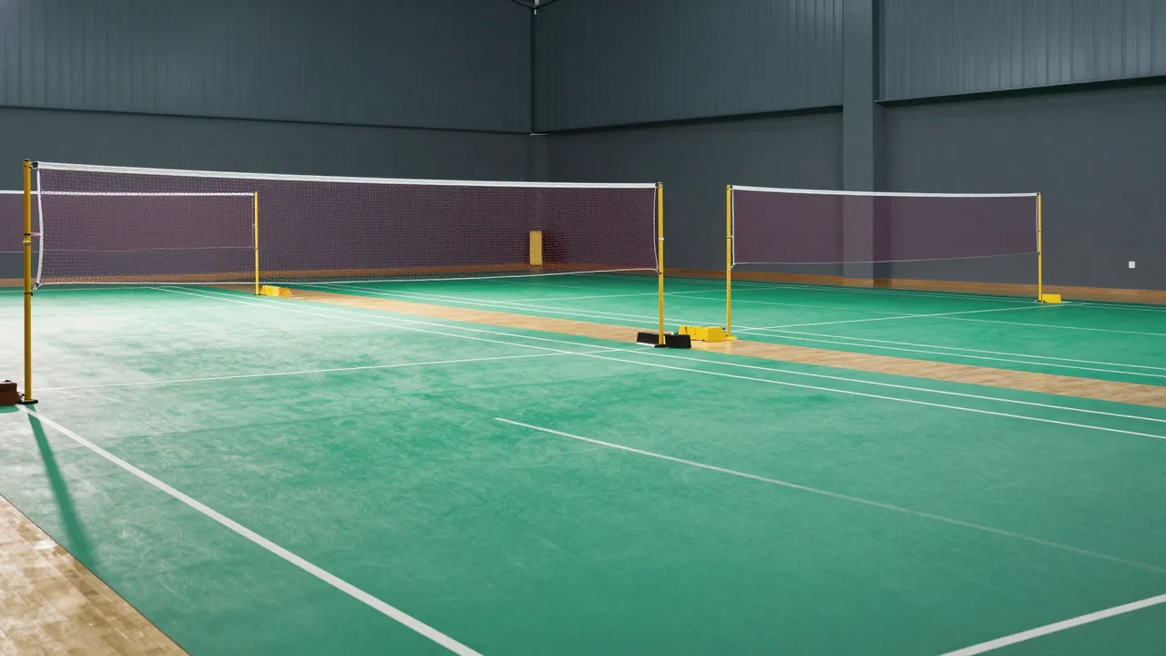 Unoccupied indoor badminton facility with green courts, white nets, and soft morning lighting