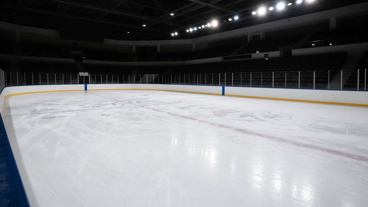 Unoccupied ice hockey rink with fresh marked ice under bright overhead arena lighting