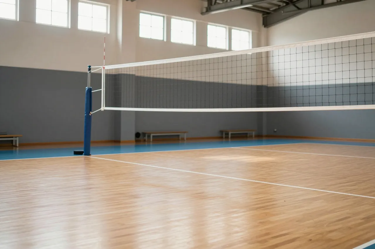 A sunlit empty indoor volleyball court with net, polished wood flooring and wall windows.