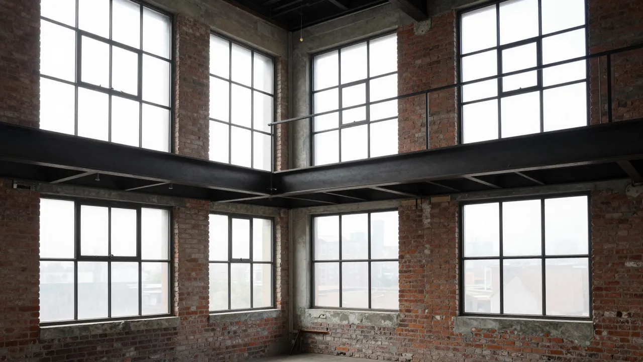 Unfurnished industrial loft with exposed brick, a metal mezzanine and large grid factory windows