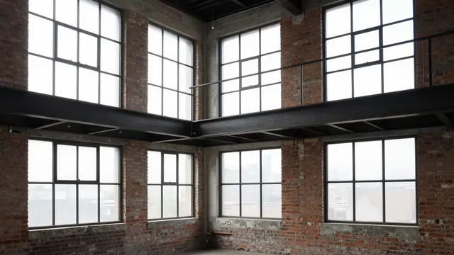 Unfurnished industrial loft with exposed brick, a metal mezzanine and large grid factory windows