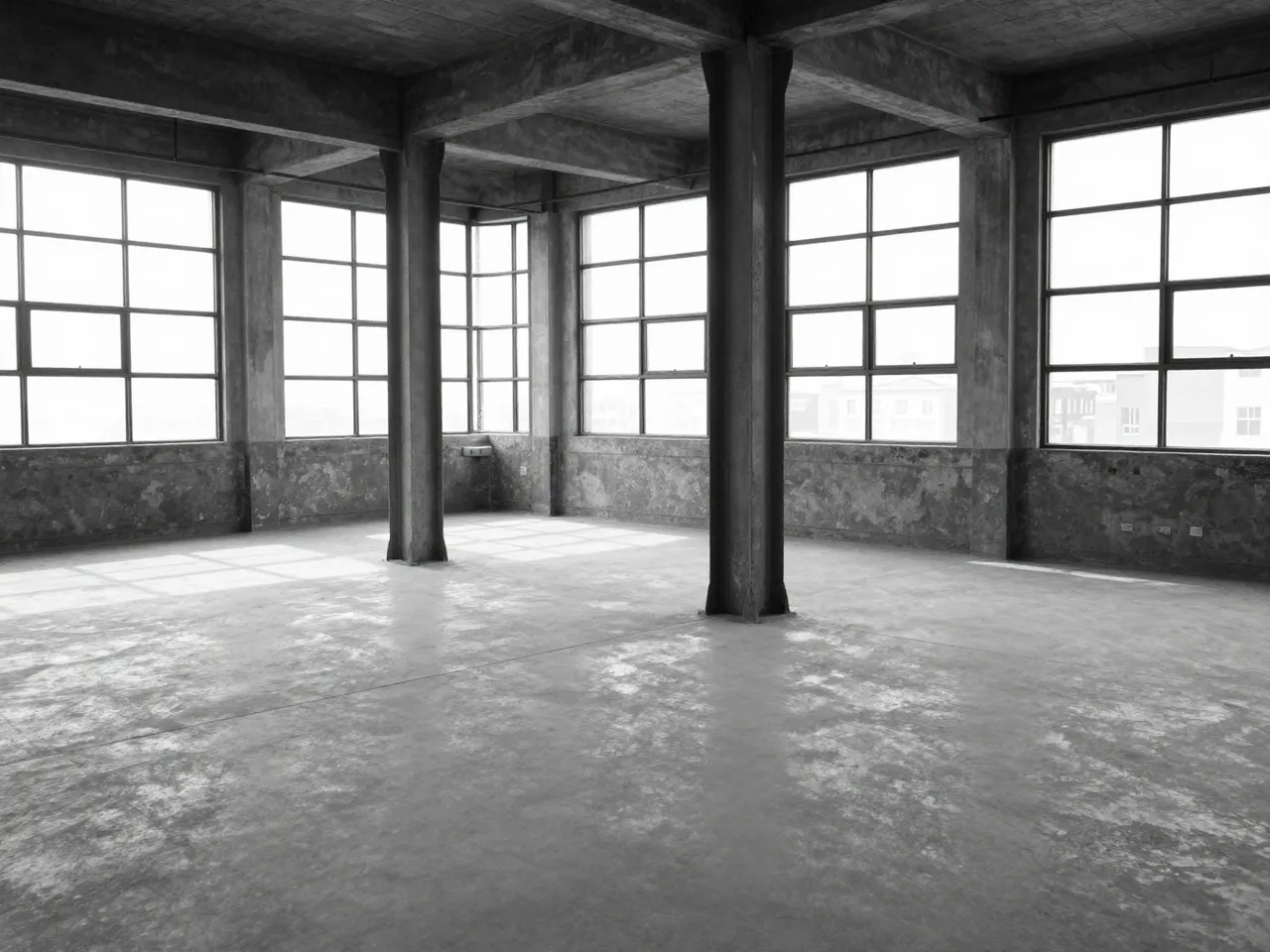 Black and white view of a vacant concrete loft with steel columns, factory windows and patterned light on the floor