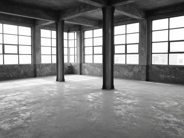 Black and white view of a vacant concrete loft with steel columns, factory windows and patterned light on the floor