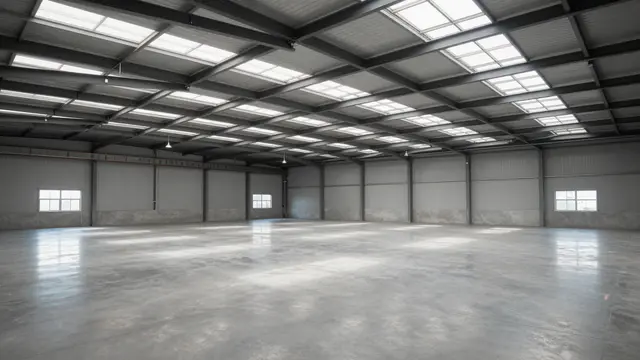 Spacious empty warehouse with polished concrete floors and natural light from ceiling skylights