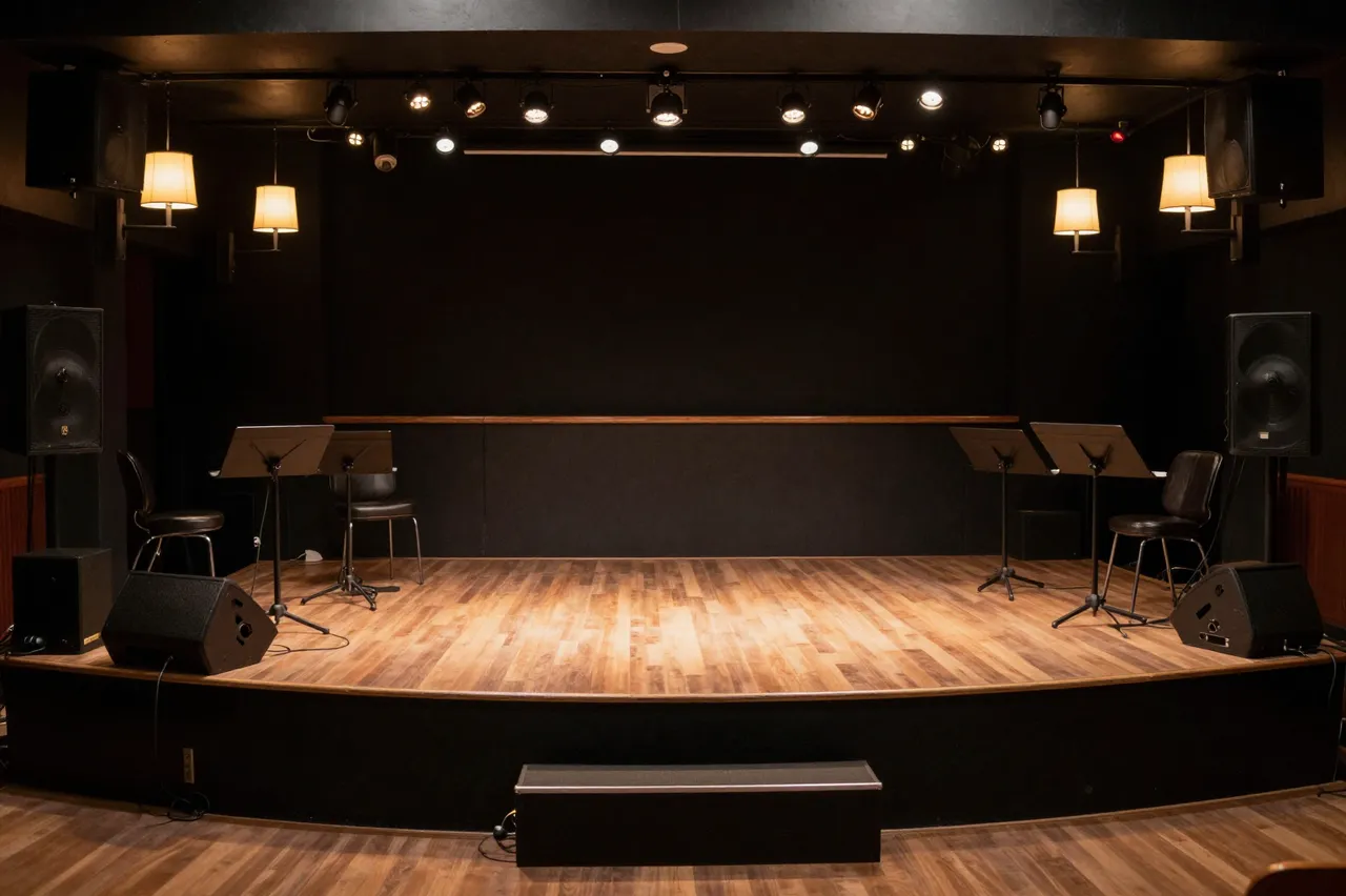 An empty small club stage set for a performance, lit by warm pendant lamps and stage lights