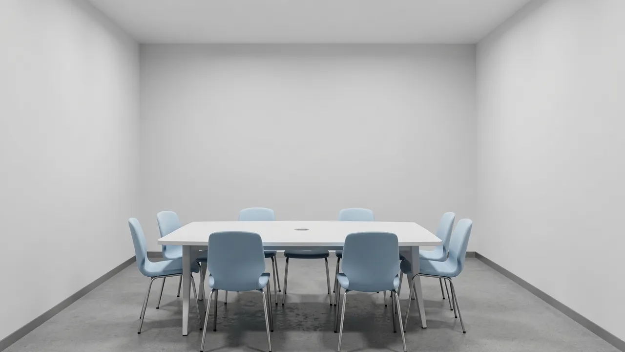 Empty conference room with a white table and pale blue chairs against blank light gray walls