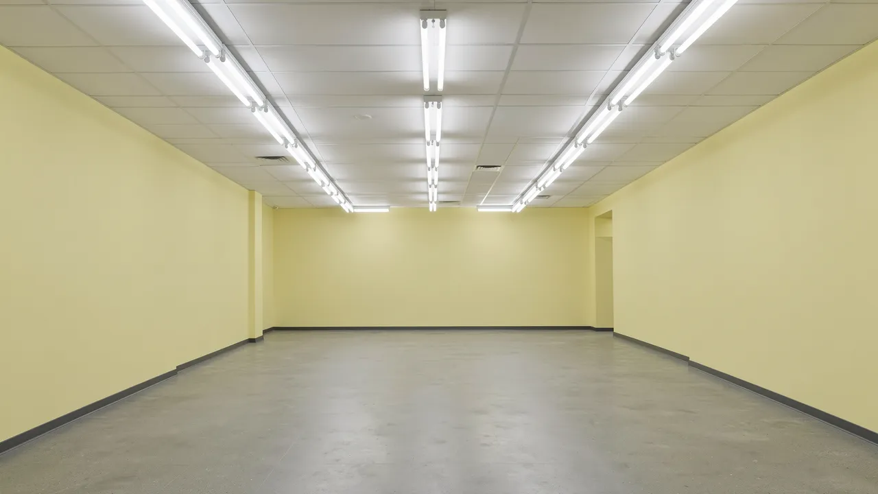 Unfurnished empty office space with pale yellow walls and rows of ceiling fluorescent lights