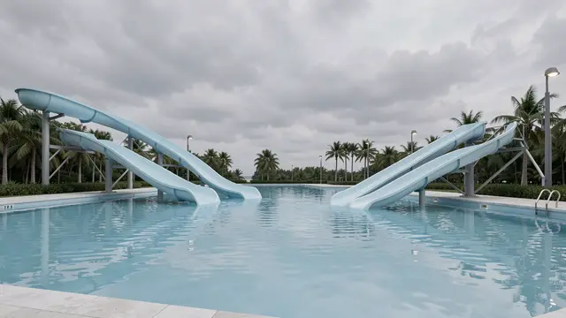 Still pale blue waterpark pool with matching slides under a cloudy gray overcast sky