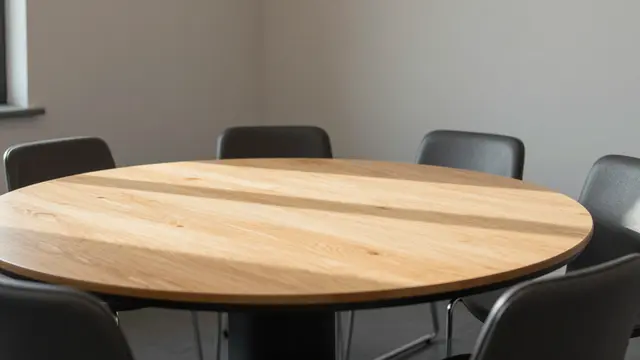 Sunlit empty round wooden seminar table surrounded by modern black office chairs in a quiet room
