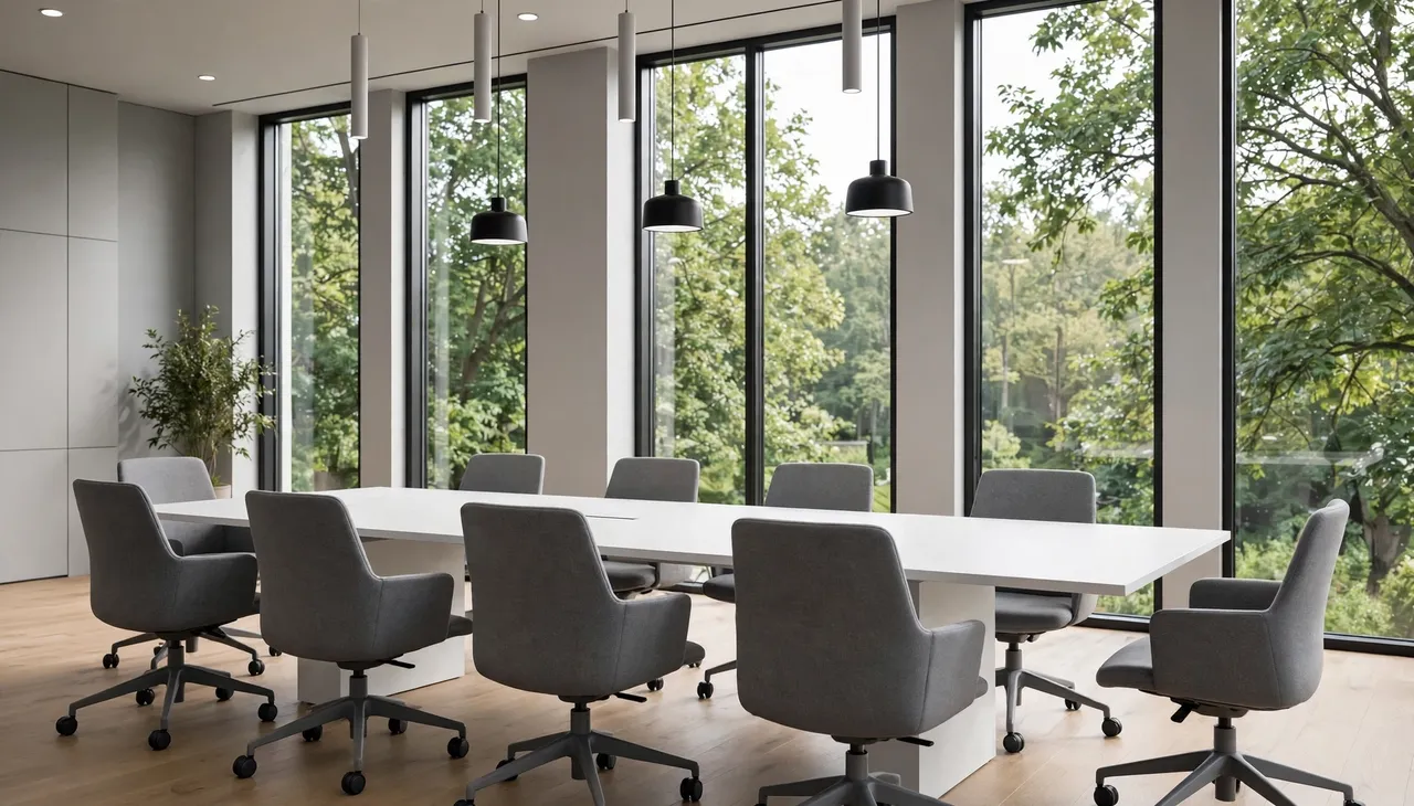 Empty bright boardroom with white conference table, gray office chairs and tall windows overlooking green trees