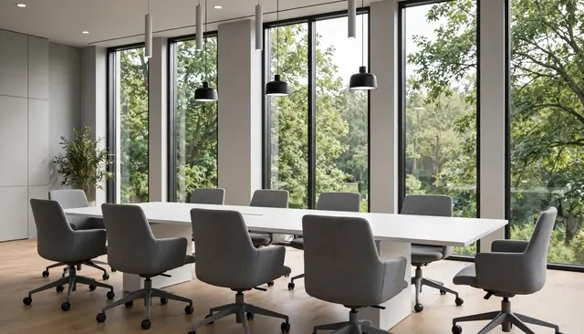 Empty bright boardroom with white conference table, gray office chairs and tall windows overlooking green trees