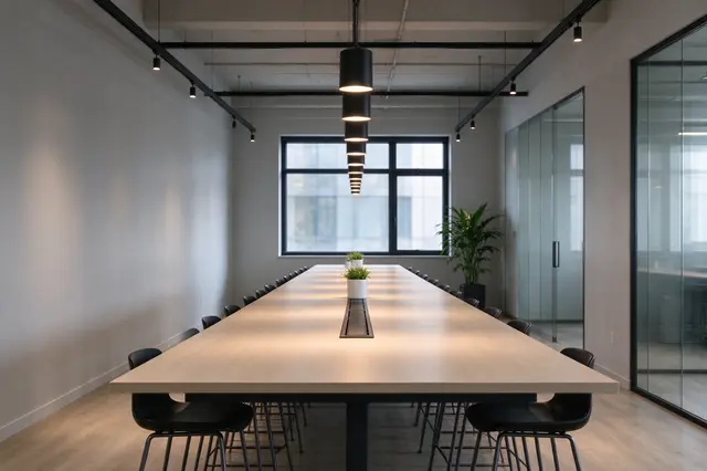 Unoccupied long shared wooden table with stools and pendant lighting in a minimalist office space