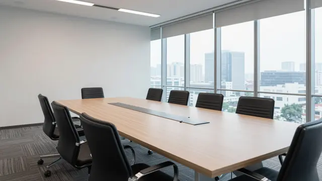 Unoccupied modern conference room with a long wooden table, office chairs and a city skyline view through floor-to-ceiling