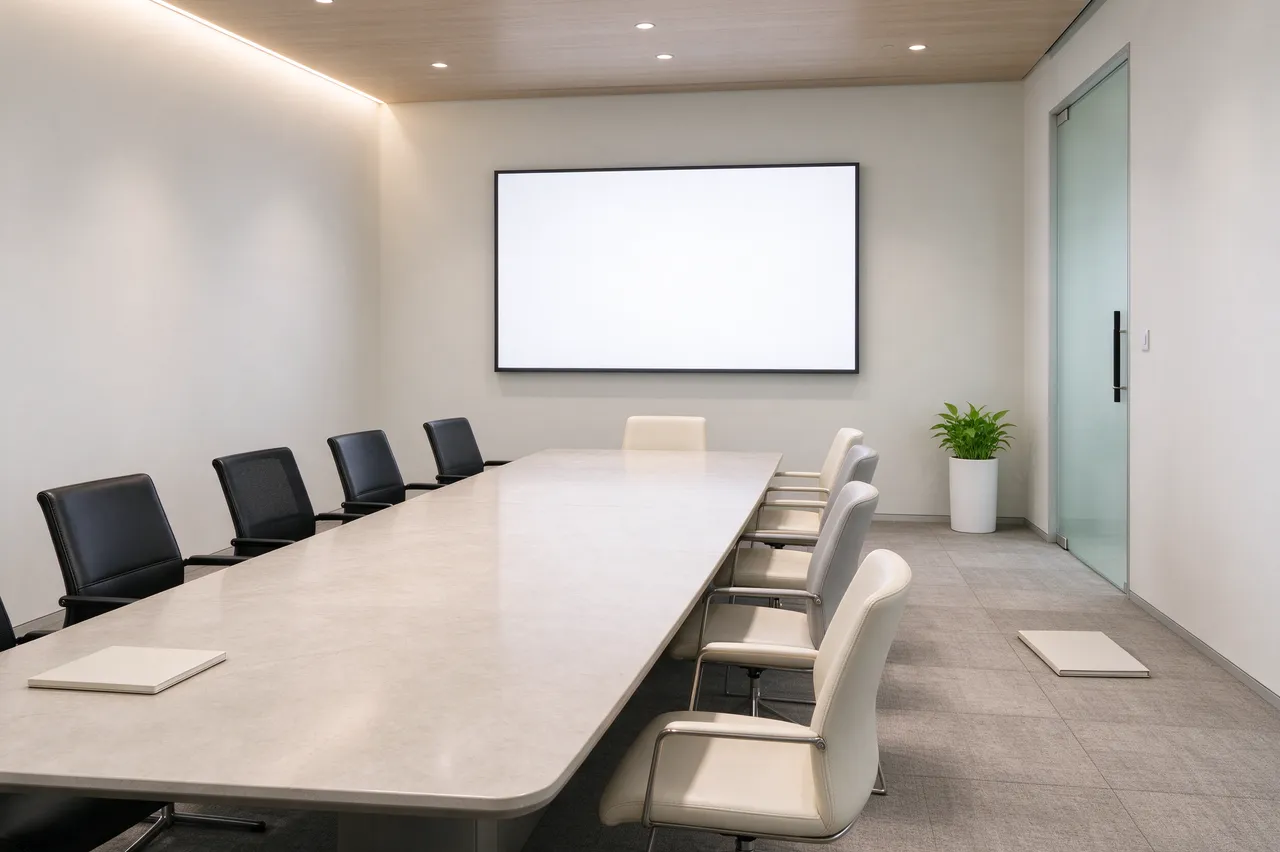 Unoccupied modern meeting room with a long table, office chairs, and blank wall-mounted display screen