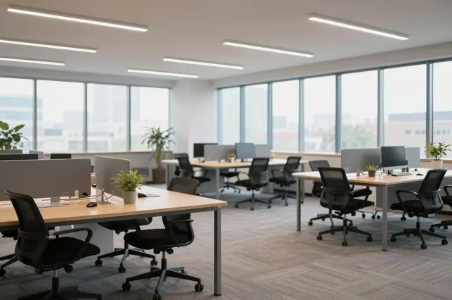 Spacious empty coworking office with shared desks, office chairs, and large floor-to-ceiling windows