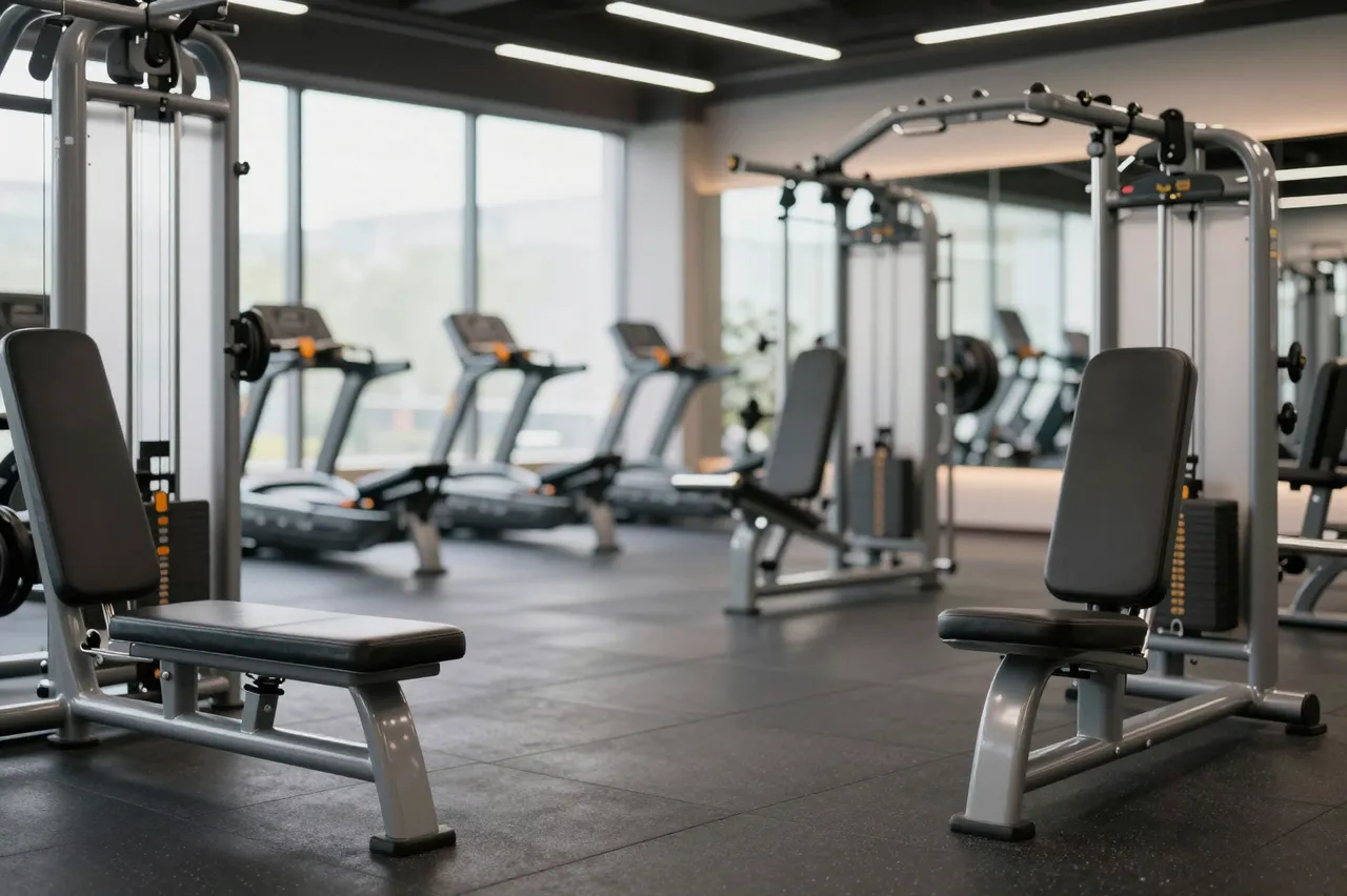 Unoccupied modern gym lined with weight machines and treadmills beside large windows