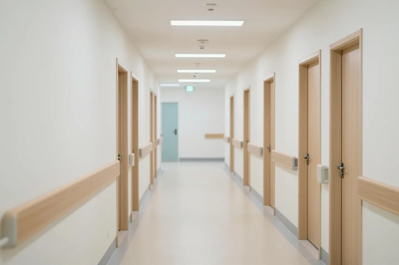 Quiet empty modern hospital corridor illuminated by soft recessed ceiling lighting
