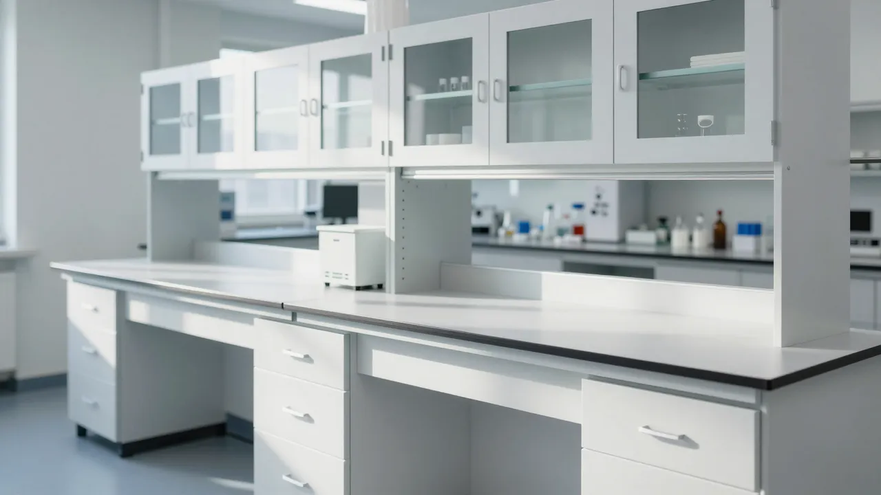 Bright empty modern laboratory with white workbenches and glass-fronted overhead cabinets