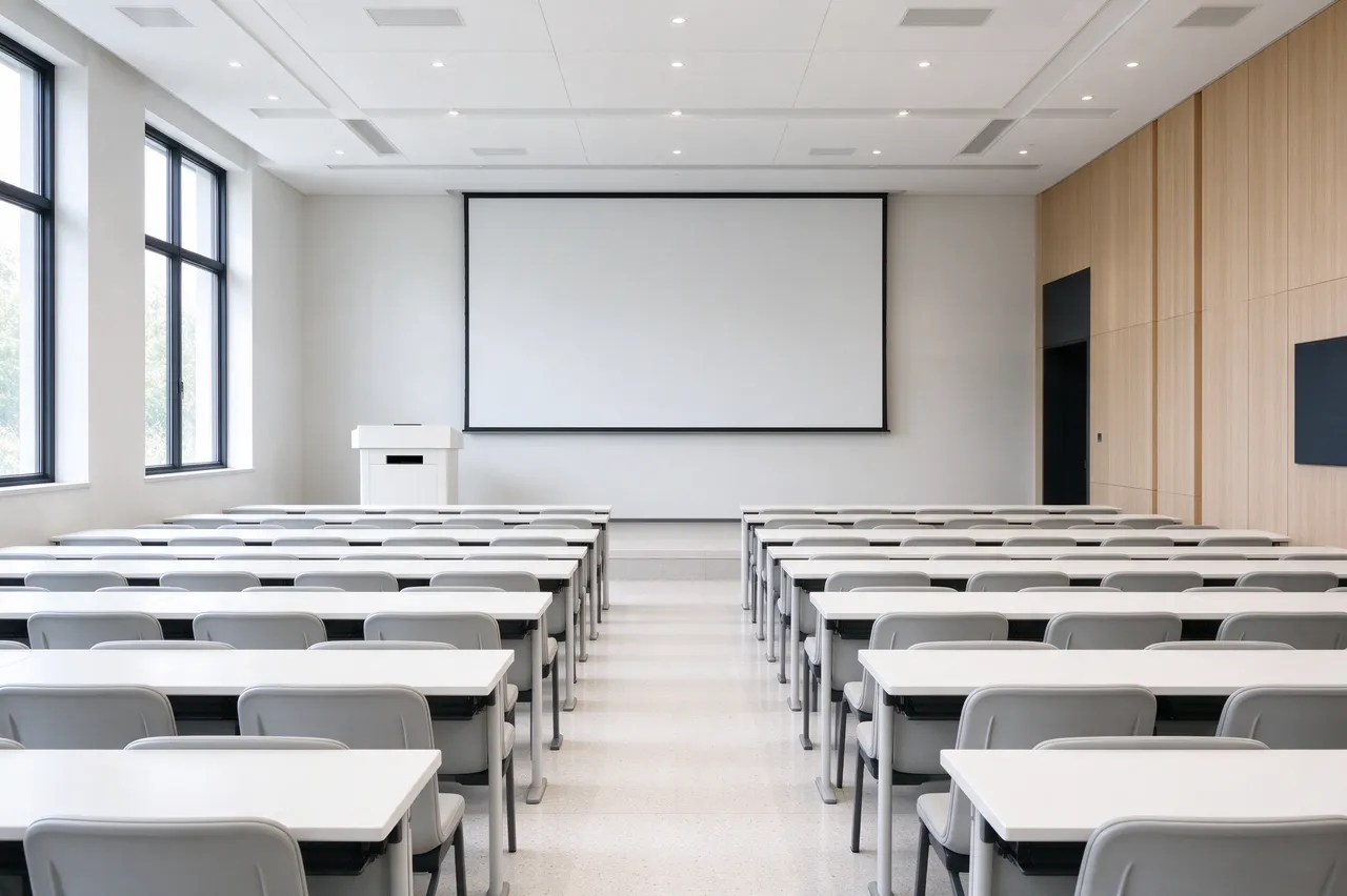 Bright empty lecture room with rows of tables, chairs and a blank projection screen at the front