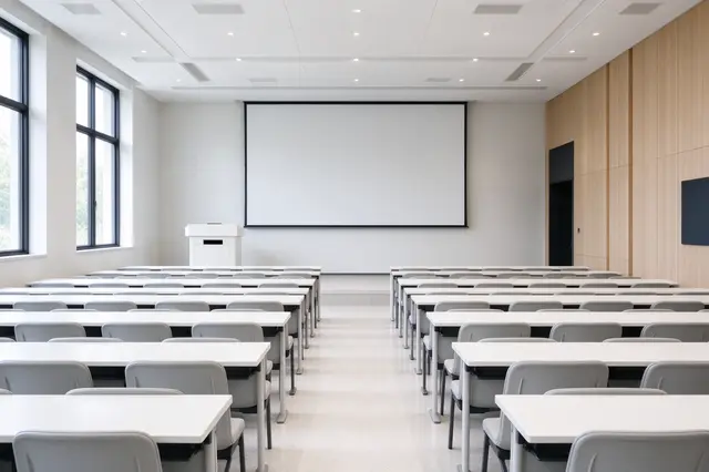 Bright empty lecture room with rows of tables, chairs and a blank projection screen at the front