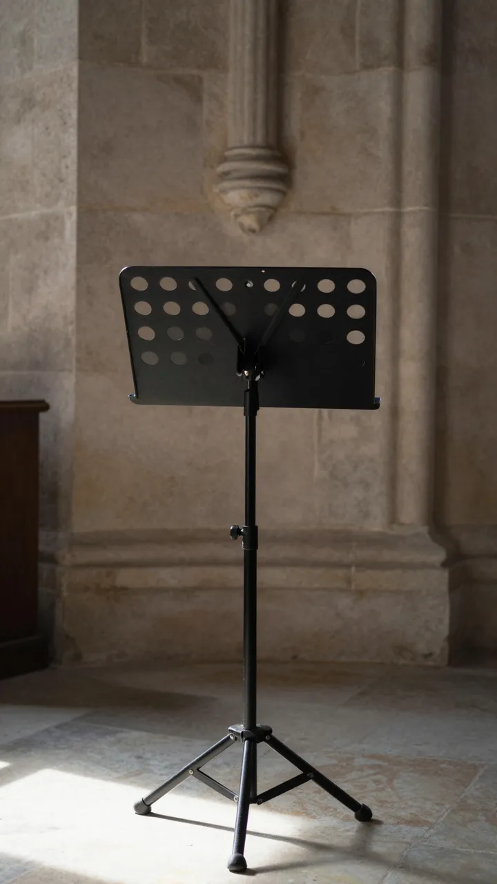 A black empty music stand stands in sunlit light inside a historic stone chapel interior