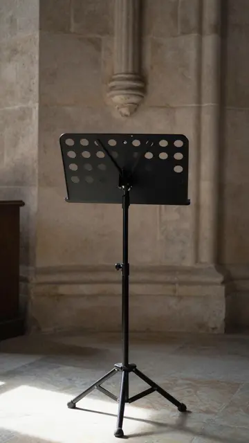 A black empty music stand stands in sunlit light inside a historic stone chapel interior