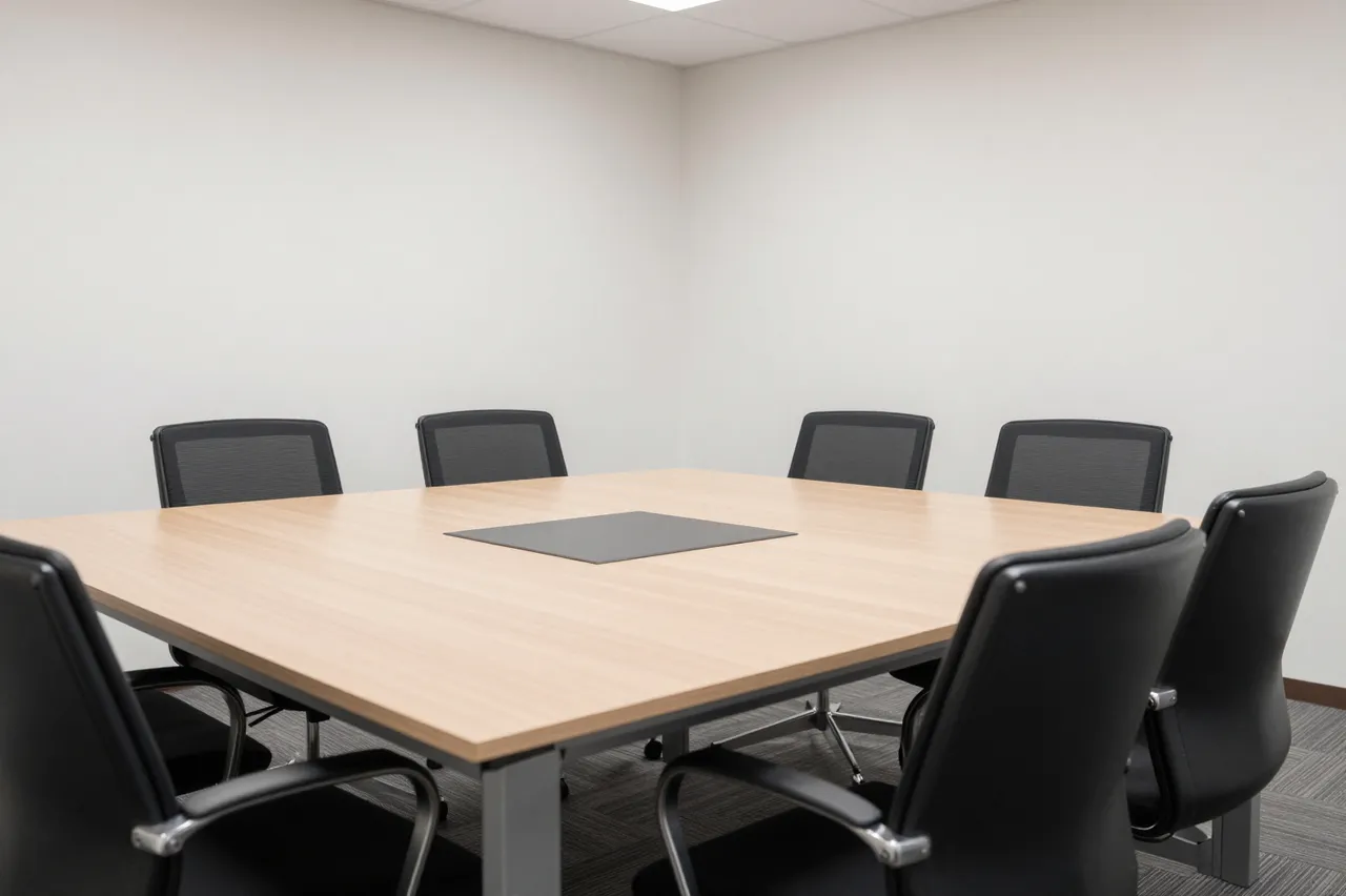 Unused meeting room with a light wood table and black office chairs around it