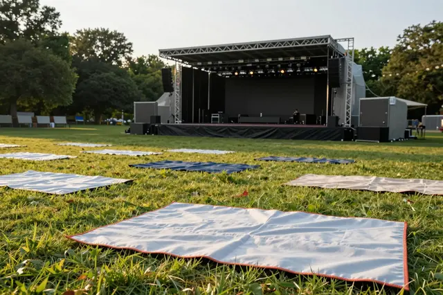 Pre-marked picnic blankets lay on a grassy park lawn in front of an empty outdoor concert stage at golden hour