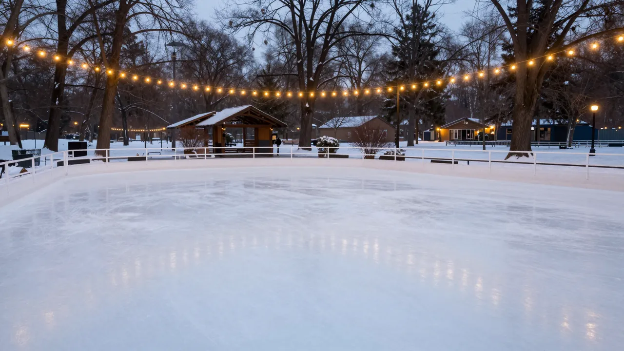 Snow-covered empty outdoor ice rink strung with warm string lights in a winter park at twilight