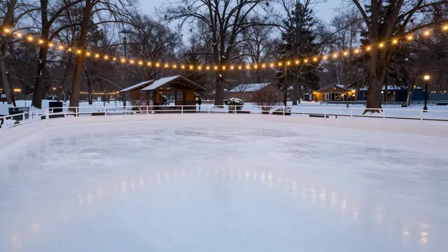 Snow-covered empty outdoor ice rink strung with warm string lights in a winter park at twilight