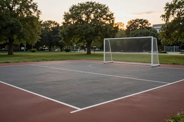 Unoccupied outdoor handball court with a goal set in a tree lined park at golden sunset