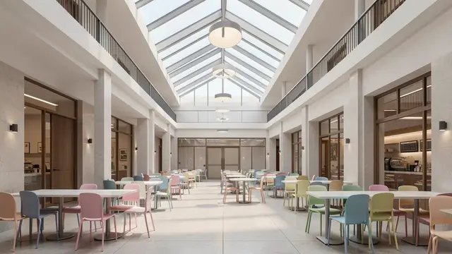 Bright empty food court lined with pastel chairs under a glass gabled skylight
