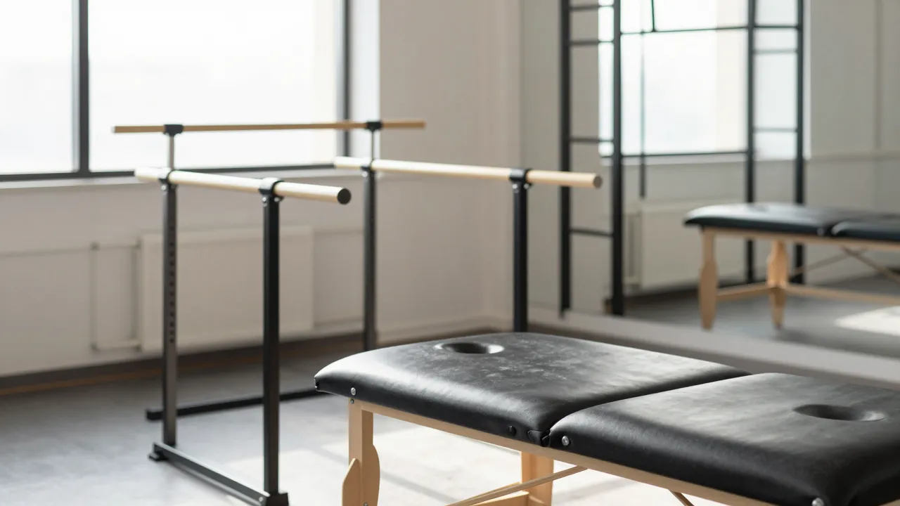 Unoccupied physiotherapy clinic interior with parallel bars, treatment tables and soft morning window light.