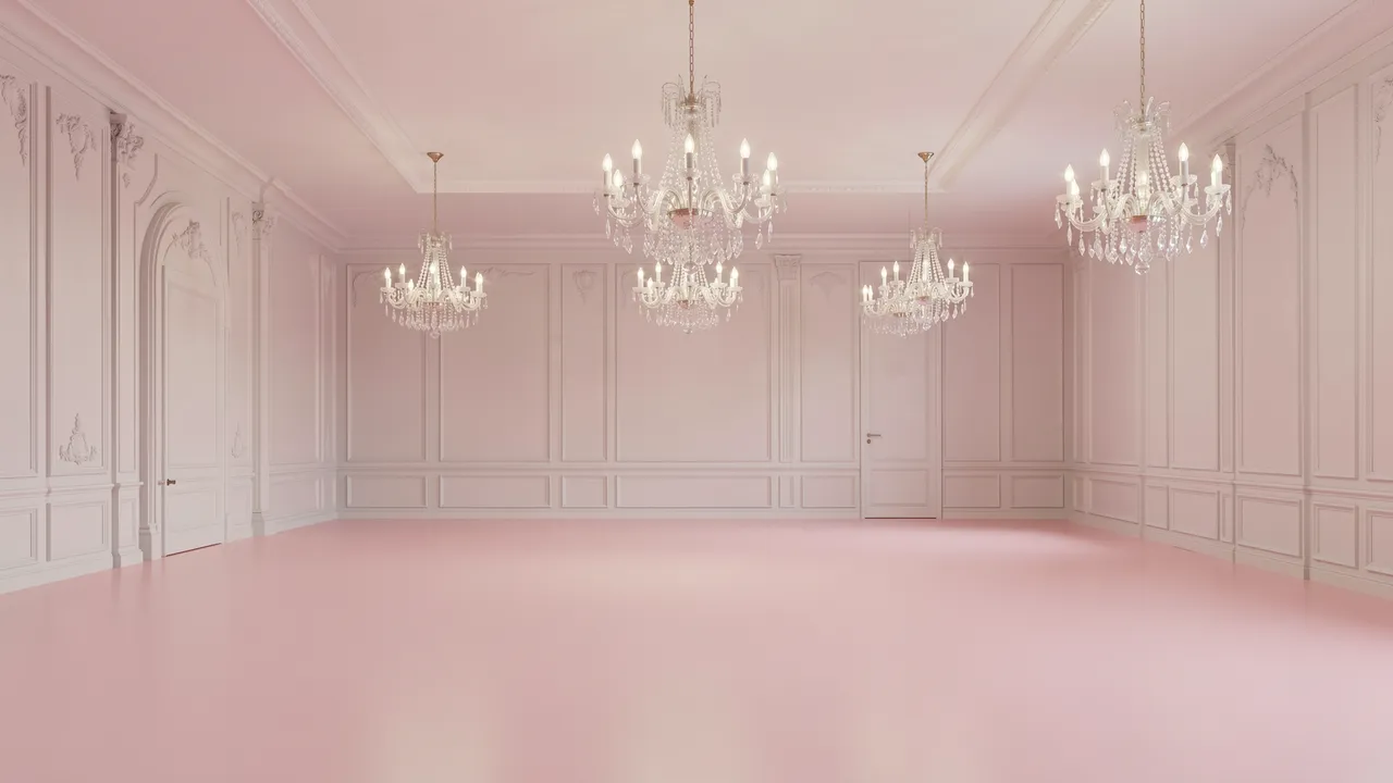 A vacant elegant ballroom with pale pink floors, paneled walls and hanging crystal chandeliers