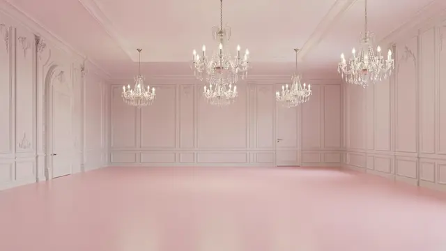 A vacant elegant ballroom with pale pink floors, paneled walls and hanging crystal chandeliers
