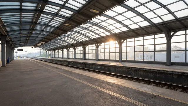 Unoccupied railway station platform under a curved glass and iron canopy as golden dawn sun filters through windows