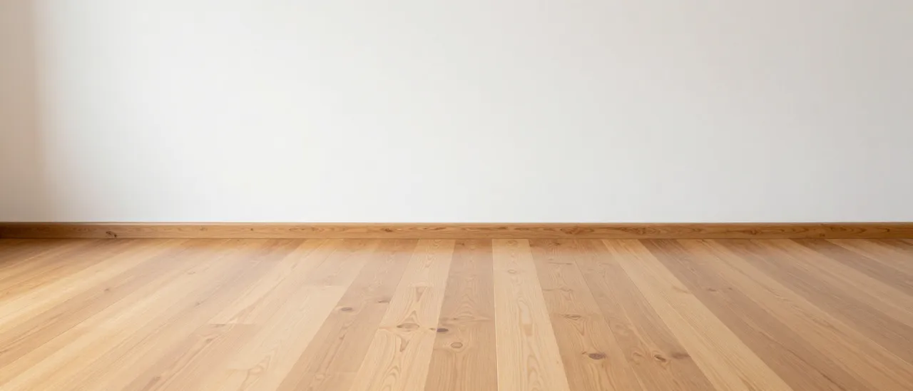 Wide banner view of an empty room with light wooden flooring and a plain white wall
