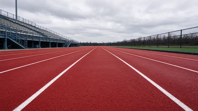 Straight red running track with white lane lines extends to the horizon beside empty metal bleachers under cloudy overcast
