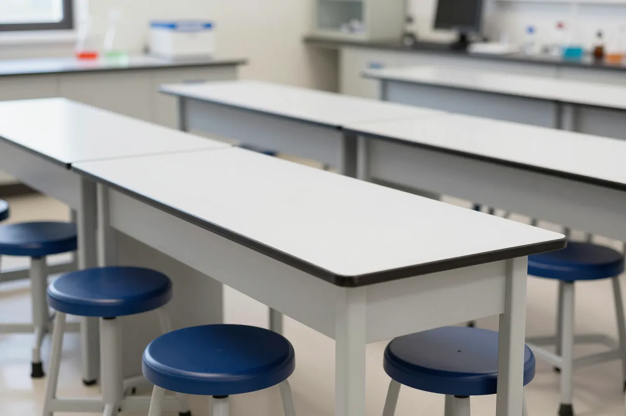 Rows of long lab benches with blue stools stand empty in a bright school science classroom