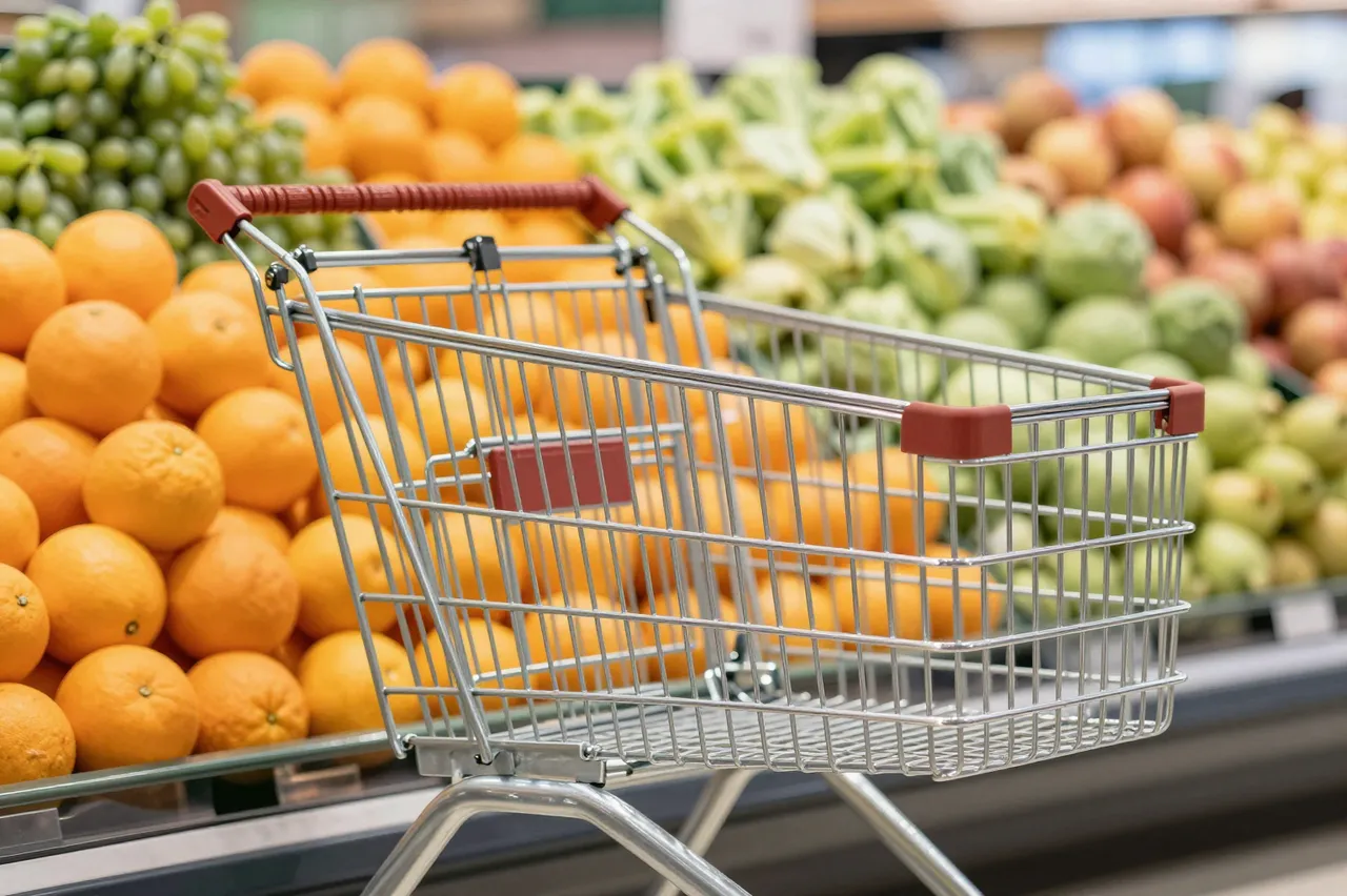 An empty metal shopping cart sits in front of piles of fresh oranges and produce in a grocery store
