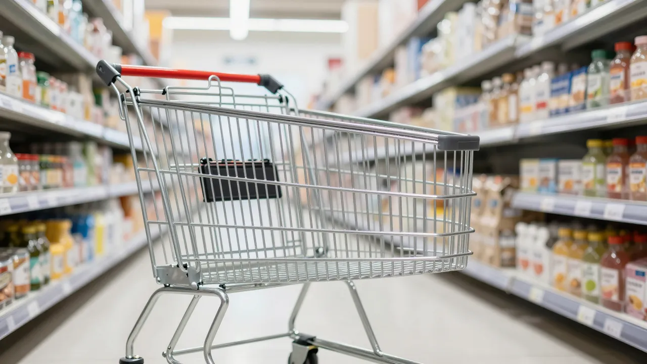 Low-angle view of an empty metal shopping cart centered in a bright, blurred grocery store aisle.