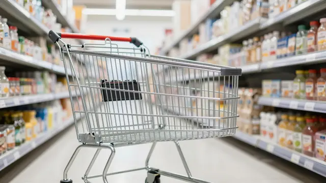 Low-angle view of an empty metal shopping cart centered in a bright, blurred grocery store aisle.